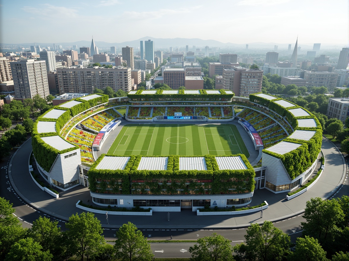 Prompt: Eco-friendly football stadium, lush green roofs, solar panels, wind turbines, rainwater harvesting systems, recycling facilities, composting areas, natural ventilation, passive cooling design, low-carbon materials, FSC-certified wood, recycled plastic seats, organic food waste management, LED lighting, energy-efficient systems, shaded spectator areas, misting systems, vibrant colorful branding, dynamic digital signage, futuristic architecture, curved lines, angular shapes, large windows, transparent fa\u00e7ade, panoramic views, shallow depth of field, 3/4 composition.