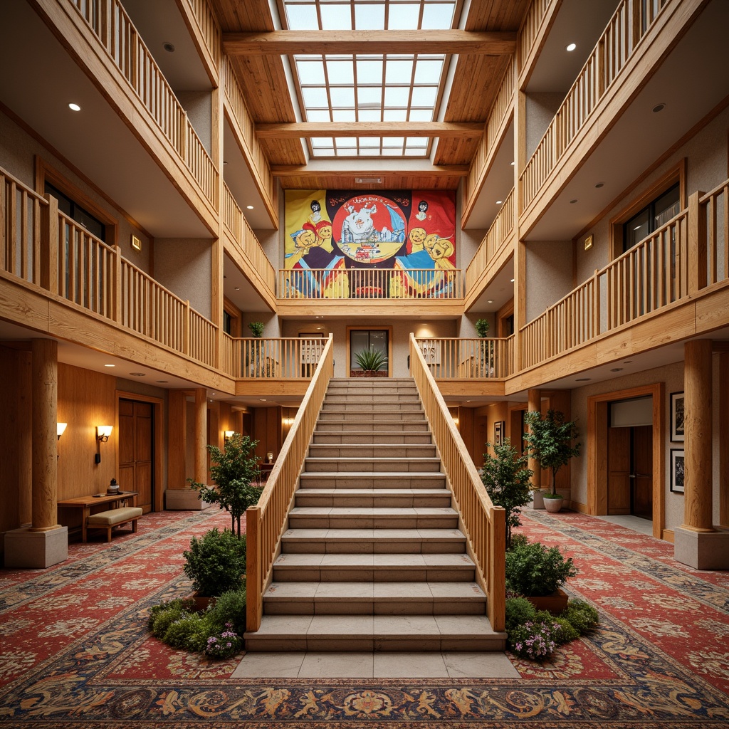 Prompt: Vibrant cultural center, rich earthy tones, warm beige walls, intricately patterned carpets, ornate wooden accents, bold colorful murals, natural stone flooring, minimalist metal railings, dramatic staircase design, grand atrium space, soft warm lighting, shallow depth of field, 1/1 composition, realistic textures, ambient occlusion.