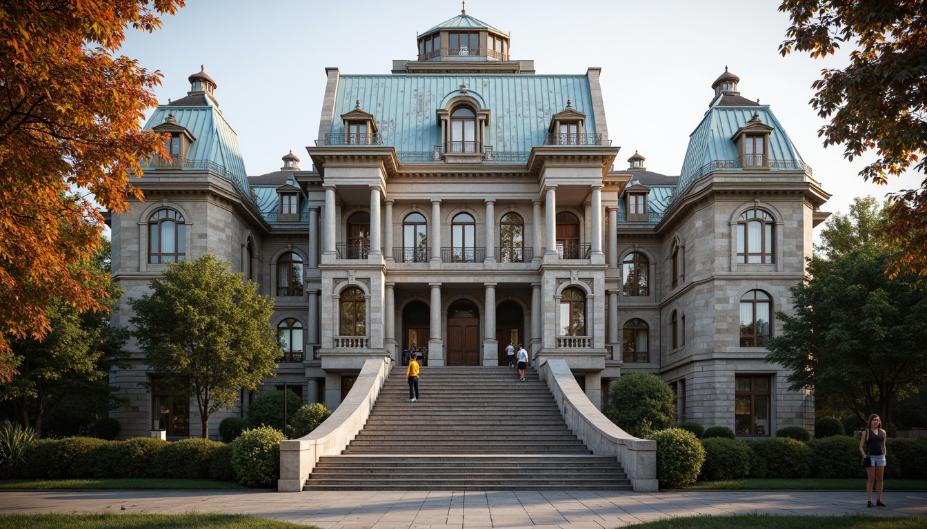 Prompt: Grandiose university entrance, ornate stone carvings, imposing columns, rusticated bases, symmetrical facades, neoclassical architecture, majestic clock towers, sprawling staircases, intricate wrought iron railings, weathered copper roofs, aged stone walls, verdant ivy coverage, autumnal foliage, soft morning light, shallow depth of field, 1/2 composition, realistic textures, ambient occlusion.