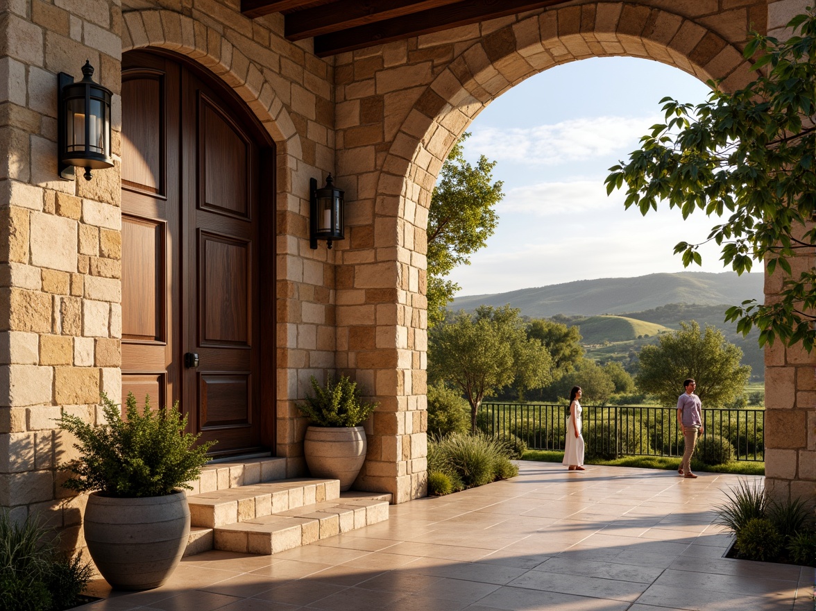 Prompt: Renaissance-style winery facade, rustic stone walls, ornate wooden doors, vintage metal lanterns, curved archways, grand entrance halls, barrel-vaulted ceilings, rich wood accents, warm earthy tones, lush vineyards, rolling hills, sunny afternoon, soft golden lighting, shallow depth of field, 1/2 composition, realistic textures, ambient occlusion.