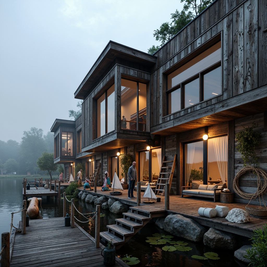 Prompt: Rustic boathouse, wooden dock, nautical ropes, sailboat models, fishing nets, seashells, driftwood accents, weathered wooden planks, corrugated metal roofs, oversized windows, sliding glass doors, warm lantern lighting, natural stone foundations, aquatic plants, serene lake views, misty morning atmosphere, soft diffused light, shallow depth of field, 2/3 composition, realistic water reflections, ambient occlusion.