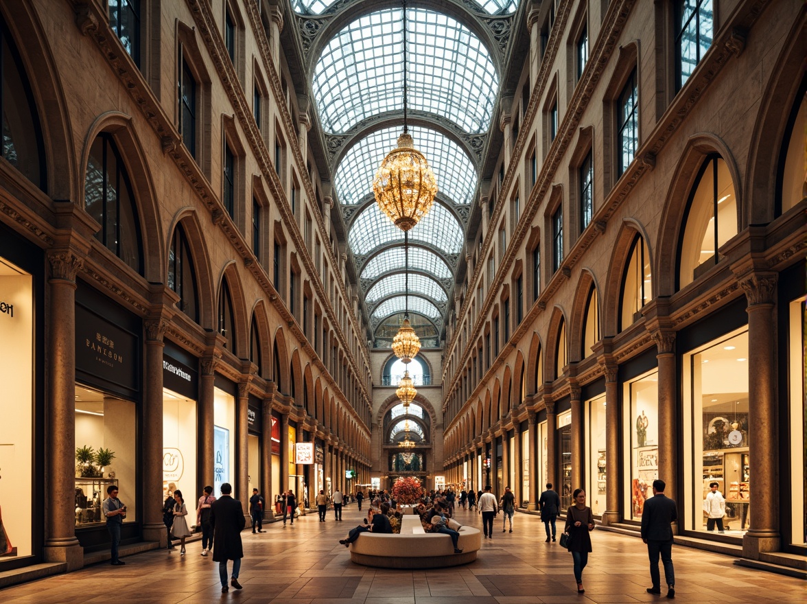 Prompt: Grand Gothic shopping center, ornate archways, ribbed vaults, stained glass ceilings, intricate stone carvings, majestic entrance halls, luxurious brand stores, marble floors, crystal chandeliers, soft warm lighting, shallow depth of field, 3/4 composition, panoramic view, realistic textures, ambient occlusion.