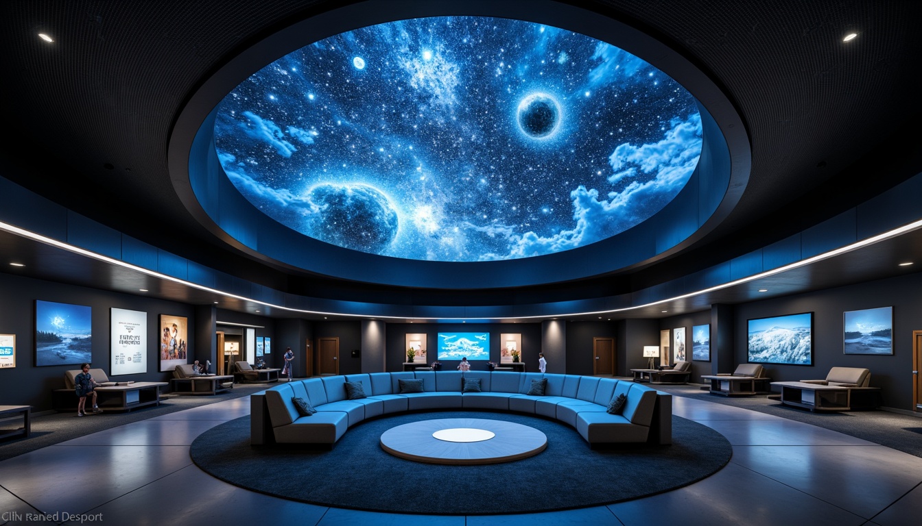 Prompt: Cosmic planetarium, sleek metallic dome, minimalist design, futuristic architecture, dark blue-gray walls, polished chrome accents, ambient LED lighting, celestial starry night sky projection, circular seating arrangement, ergonomic chairs, interactive exhibits, 3D visualization technology, surround sound system, immersive experience, space-inspired color palette, matte finish flooring, acoustic panels, subtle texture variation, shallow depth of field, panoramic view.