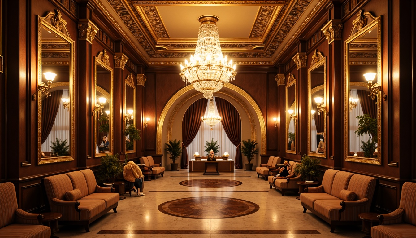 Prompt: Opulent ballroom, grand chandelier, symmetrical layout, ornate mirrors, gilded frames, lavish furnishings, intricate carvings, rich velvet drapes, majestic archways, dramatic lighting, warm golden tones, high ceilings, marble floors, stately columns, classical proportions, 1/1 composition, central axis, radial balance, geometric harmony, soft focus, atmospheric perspective.