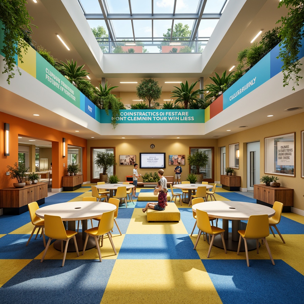 Prompt: Vibrant elementary school, bright primary colors, warm beige walls, bold blue accents, energetic yellow furniture, playful green decorations, inspirational quotes, interactive whiteboards, modern LED lighting, comfortable carpeted floors, collaborative open spaces, flexible modular desks, educational graphics, stimulating wall art, soft natural wood tones, calming water features, lush green roof gardens, sunny atriums, airy high ceilings, creative corner nooks, cozy reading corners.