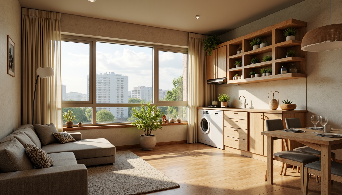 Prompt: Cozy social housing interior, minimalist decor, natural wood flooring, warm beige walls, energy-efficient lighting, compact kitchenette, modular furniture, space-saving storage solutions, greenery-filled balconies, urban cityscape views, morning sunlight, soft diffused illumination, shallow depth of field, 1/1 composition, realistic textures, ambient occlusion.