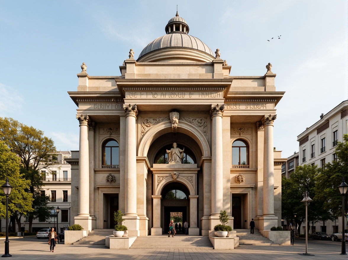 Prompt: Grand neoclassical library facade, imposing stone columns, ornate pediments, intricately carved details, symmetrical composition, majestic entrance archways, large dome roofs, classical sculptures, rusticated bases, subtle gradient shading, warm beige stone textures, soft natural light, 1/1 composition, realistic atmospheric effects, ambient occlusion.