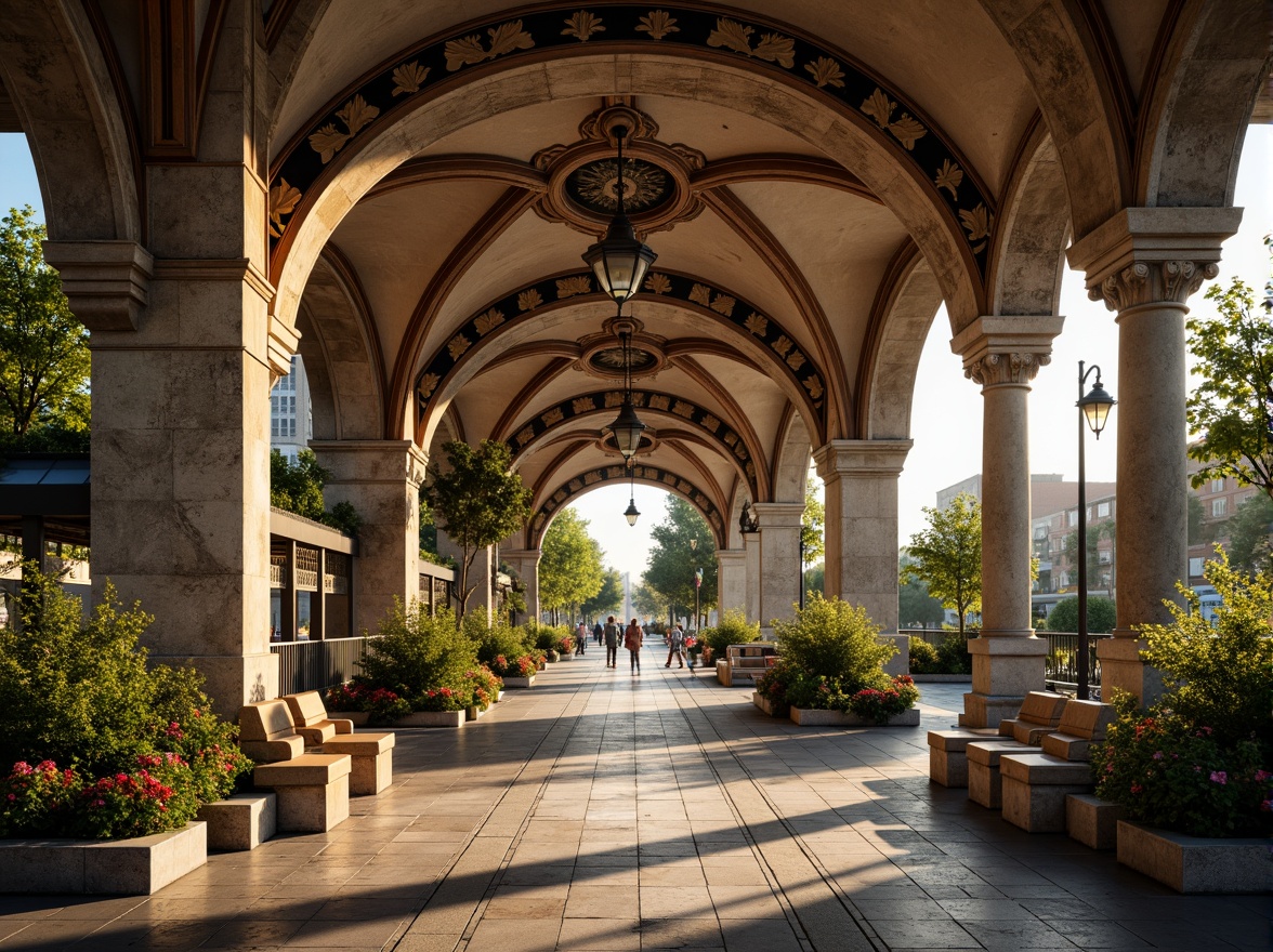 Prompt: Grandiose metro station, Romanesque arches, ornate stone carvings, intricate mosaics, lush greenery, vibrant flowers, majestic fountains, walking paths, natural stone flooring, vintage street lamps, dramatic lighting, warm golden tones, rustic metal accents, weathered wooden benches, urban cityscape, morning sunlight, soft focus, 1/1 composition, ambient occlusion.Please let me know if this meets your requirements!