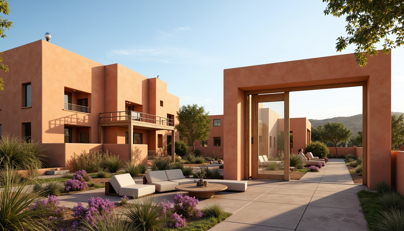 Prompt: Vibrant apricot-colored buildings, warm golden lighting, soft beige stucco walls, rustic wooden accents, lush greenery, blooming desert flowers, sandy dunes, clear blue sky, modern minimalist architecture, sleek metal frames, large glass windows, natural stone pathways, cozy outdoor seating areas, ambient occlusion, shallow depth of field, 3/4 composition, panoramic view, realistic textures.