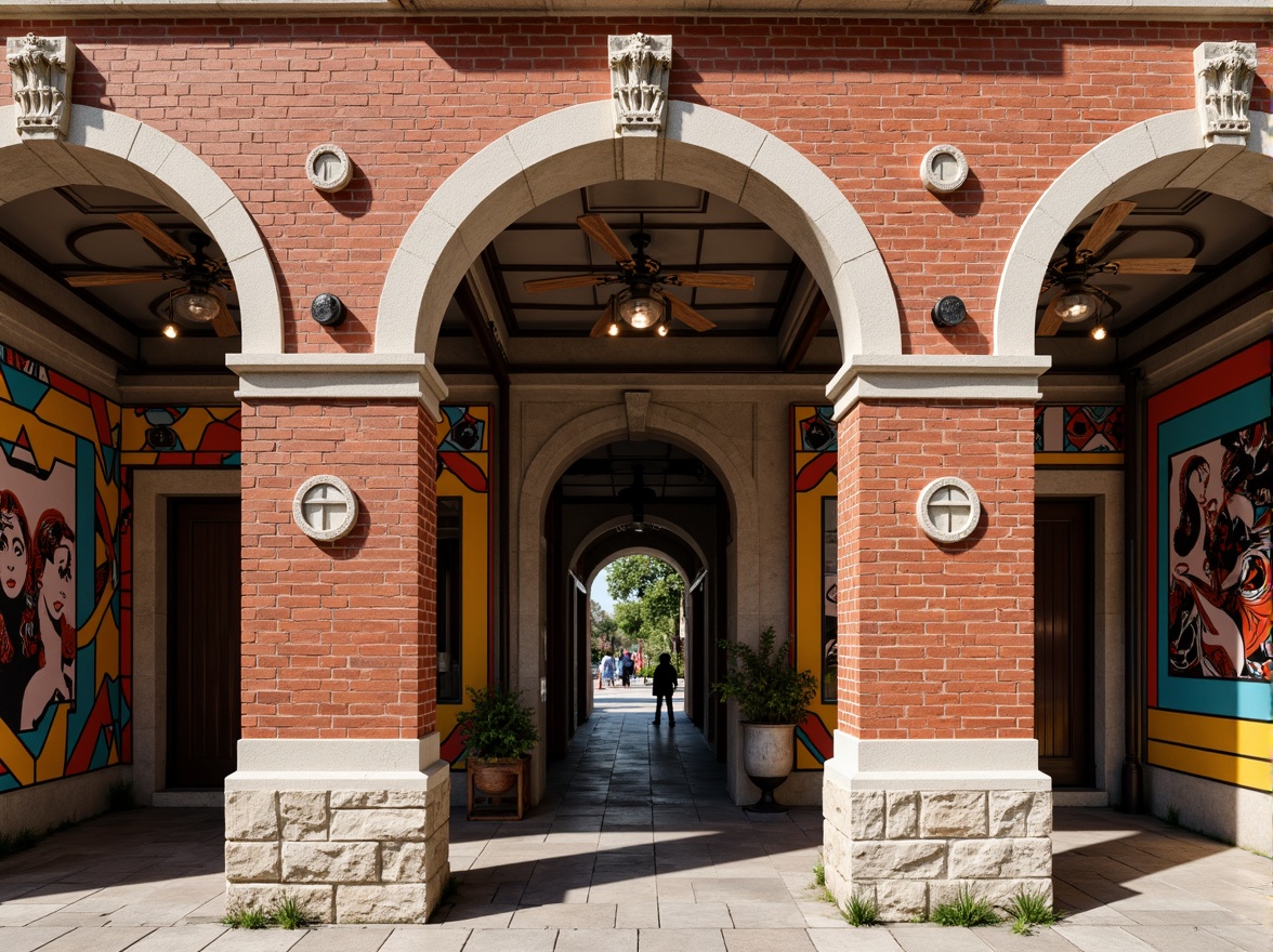 Prompt: Rustic red brick facade, ornate stone carvings, grand entrance archways, Constructivist geometric patterns, bold color blocking, abstract murals, dynamic angular lines, asymmetrical compositions, industrial metal accents, reclaimed wood features, earthy tone color palette, natural light filtering, shallow depth of field, 1/1 composition, realistic textures, ambient occlusion.