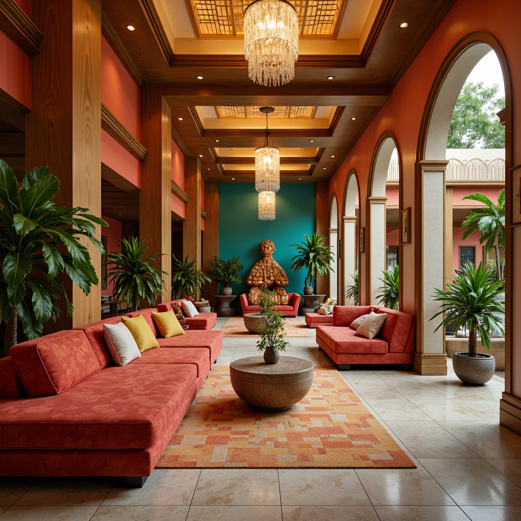 Prompt: Vibrant hotel lobby, warm golden lighting, rich wood accents, plush velvet furniture, luxurious marble floors, elegant chandeliers, sophisticated neutral tones, bold coral hues, deep turquoise accents, refreshing citrus colors, natural textures, earthy terracotta walls, lavish greenery, tropical plants, exotic patterns, intricate mosaics, 3D geometric shapes, soft focus blur, shallow depth of field, warm atmospheric lighting.