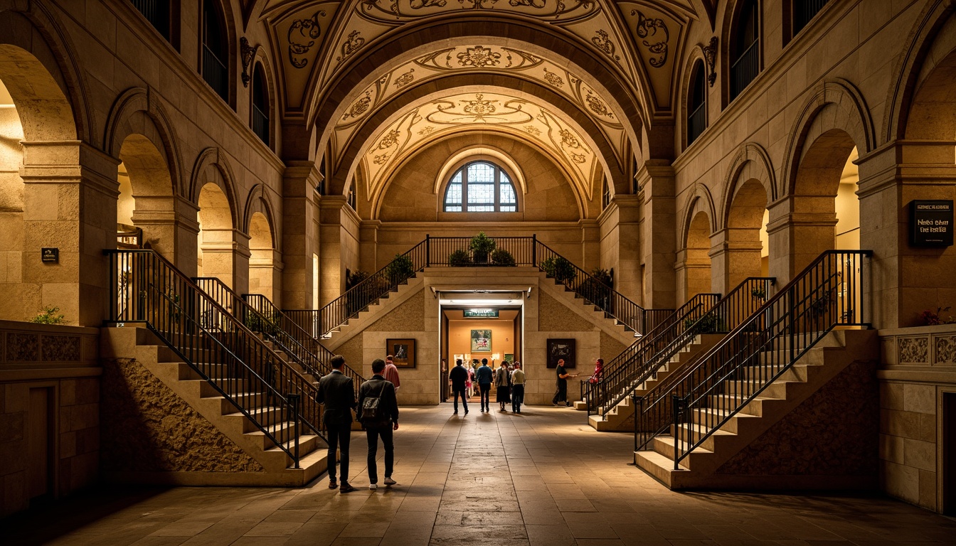 Prompt: Historic underground metro station, robust masonry walls, rustic stone arches, ornate vaulted ceilings, grand staircases, wrought iron railings, warm golden lighting, richly textured stonework, Romanesque Revival style, medieval-inspired architecture, imposing columns, monumental entranceways, intricate carvings, ornamental details, vintage signage, atmospheric misting effects, shallow depth of field, 1/1 composition, realistic stone textures, ambient occlusion.