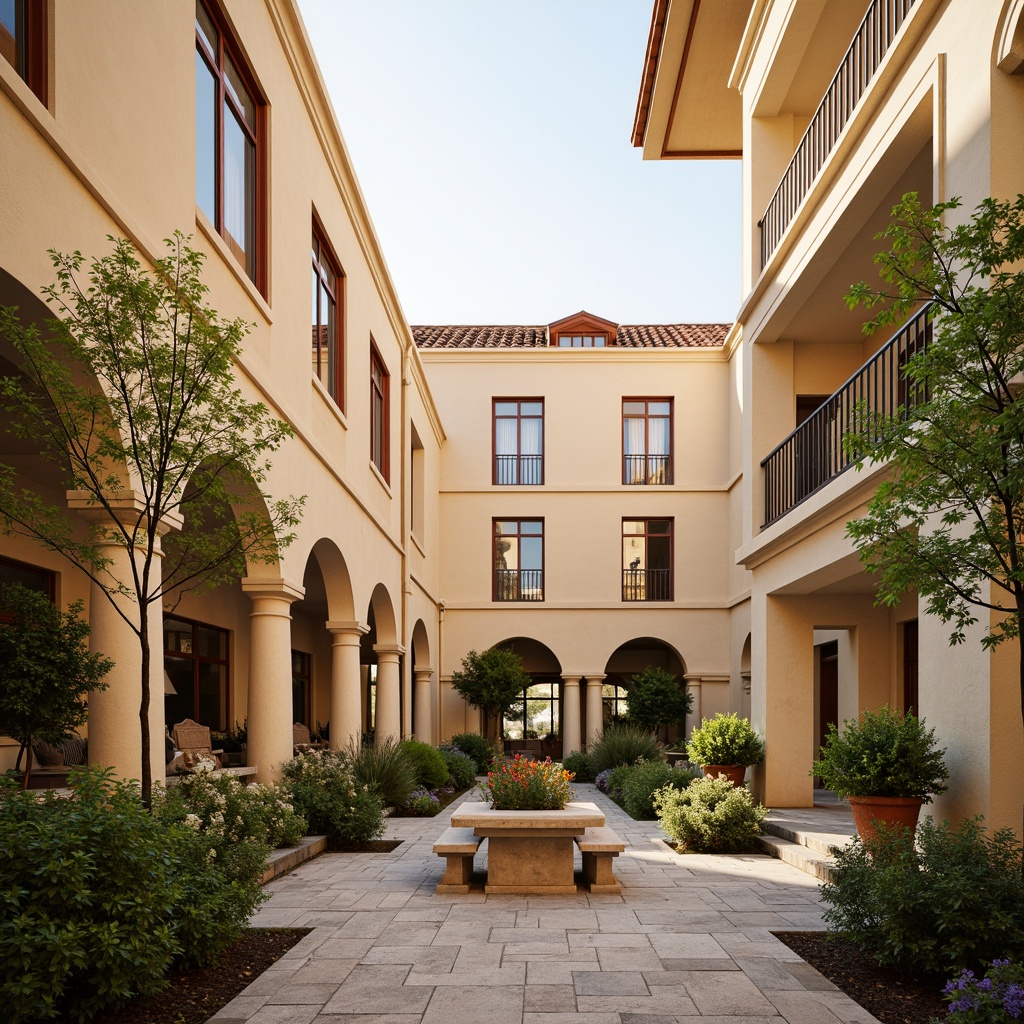 Prompt: Warm beige facades, soft cream-colored walls, earthy brown roofs, elegant white columns, ornate balconies, classic arches, subtle rust accents, lush green courtyards, vibrant flower planters, natural stone walkways, wooden benches, warm golden lighting, shallow depth of field, 3/4 composition, symmetrical framing, realistic textures, ambient occlusion.