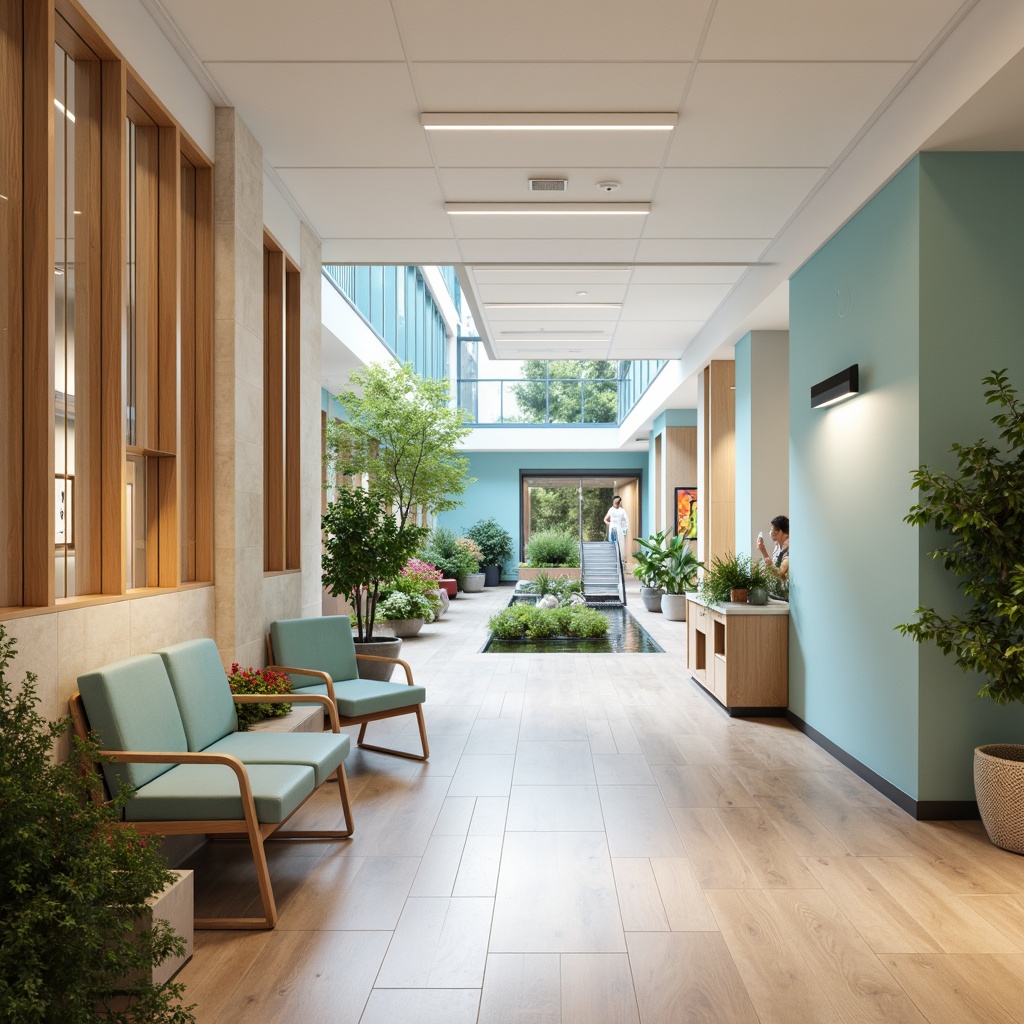 Prompt: Calming hospital corridors, soft pastel colors, muted beige walls, soothing blue accents, natural wood tones, gentle LED lighting, minimalist furniture, sterile white surfaces, stainless steel equipment, ergonomic design, accessible ramps, clear signage, wayfinding graphics, airy atriums, lush greenery, vibrant floral arrangements, warm wood flooring, comfortable seating areas, peaceful waiting rooms, calming water features, shallow depth of field, 1/1 composition, softbox lighting, realistic textures, ambient occlusion.