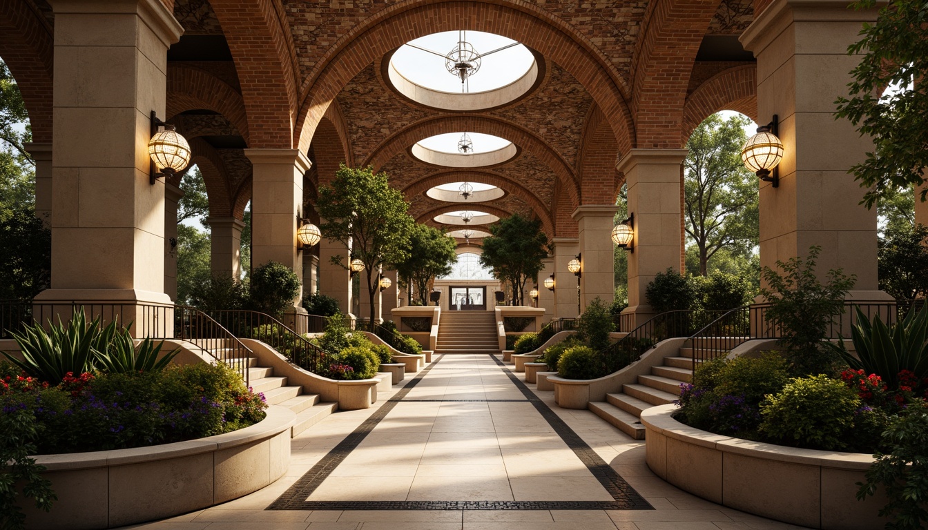 Prompt: Grandiose metro station, Romanesque arches, ornate columns, intricate stone carvings, lush greenery, vibrant flowers, rustic brick walls, curved staircases, elegant chandeliers, warm soft lighting, shallow depth of field, 1/1 composition, symmetrical framing, realistic textures, ambient occlusion.