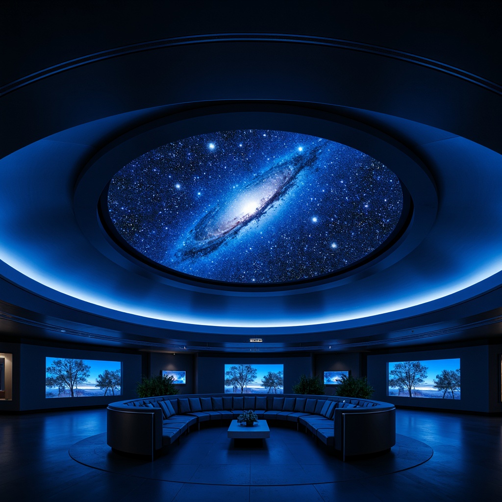 Prompt: Dark blue dome-shaped planetarium, starry night sky projection, 3D astronomical visuals, soft ambient lighting, circular seating arrangement, futuristic sleek lines, silver metallic accents, glowing blue LED strips, dark floor reflection, high ceiling, minimal ornamentation, subtle color grading, cinematic atmosphere, wide-angle lens capture, shallow depth of field, 1/1 composition, realistic textures, volumetric lighting effects.