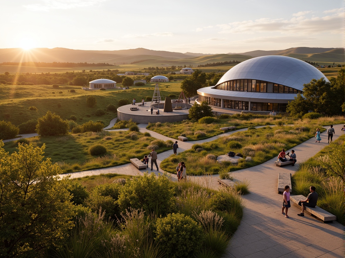 Prompt: Rolling hills of grasslands, curved planetarium dome, sleek modern architecture, glass and steel structures, native wildflowers, tall prairie grasses, meandering pathways, star-gazing areas, outdoor telescopes, astronomical instruments, educational signage, rustic benches, natural stone seating, warm sunset lighting, soft focus, shallow depth of field, 1/2 composition, panoramic view, realistic textures, ambient occlusion.