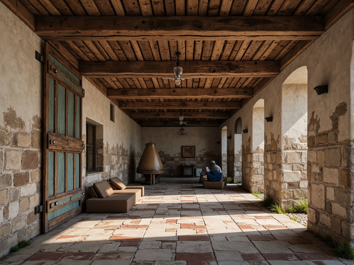 Prompt: Rustic stone walls, rough-hewn wooden planks, distressed metal panels, worn concrete floors, peeling paint textures, ornate tile mosaics, intricate stucco patterns, earthy natural materials, organic forms, curved lines, asymmetrical compositions, warm ambient lighting, shallow depth of field, 1/2 composition, realistic surface details, subtle color gradations.