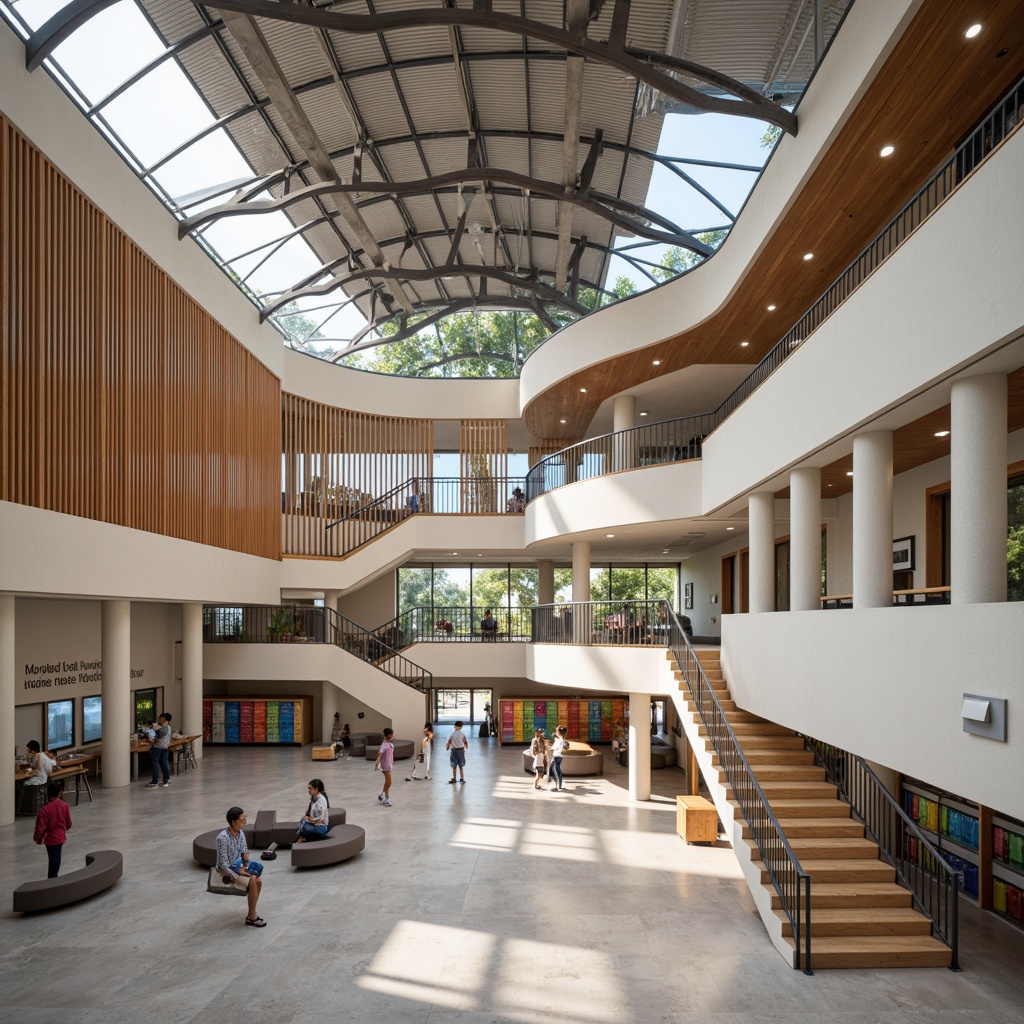 Prompt: Contemporary educational facility, curved rooflines, exposed steel beams, wooden accents, natural ventilation systems, clerestory windows, open floor plans, collaborative learning spaces, circular pillars, geometric staircases, polished concrete floors, colorful lockers, inspirational quotes, soft indirect lighting, 1/1 composition, medium depth of field, realistic textures.