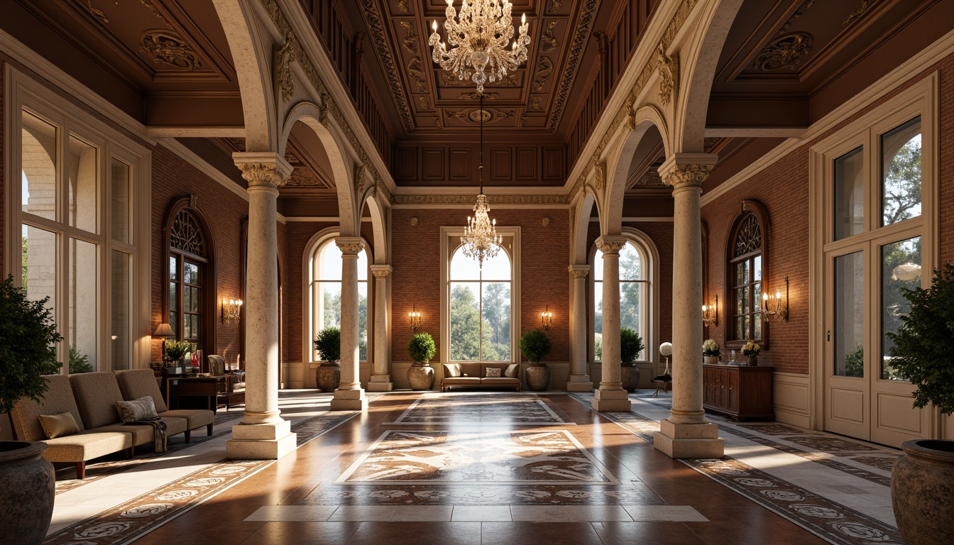 Prompt: Elegant classicism building, ornate columns, carved stone facades, rustic brick walls, decorative cornices, grand entranceways, polished marble floors, intricately patterned rugs, rich wood paneling, ornamental metalwork, crystal chandeliers, soft warm lighting, shallow depth of field, 1/1 composition, symmetrical layout, realistic textures, ambient occlusion.