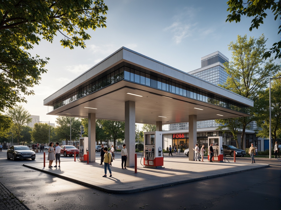 Prompt: Functional gas station, Bauhaus style architecture, clean lines, minimalist design, industrial chic, steel beams, concrete floors, large windows, natural light, open spaces, airy atmosphere, functional layout, efficient traffic flow, modern fueling systems, sleek pumps, neon signage, urban landscape, busy streets, morning sunlight, soft shadows, shallow depth of field, 1/1 composition, realistic textures, ambient occlusion.