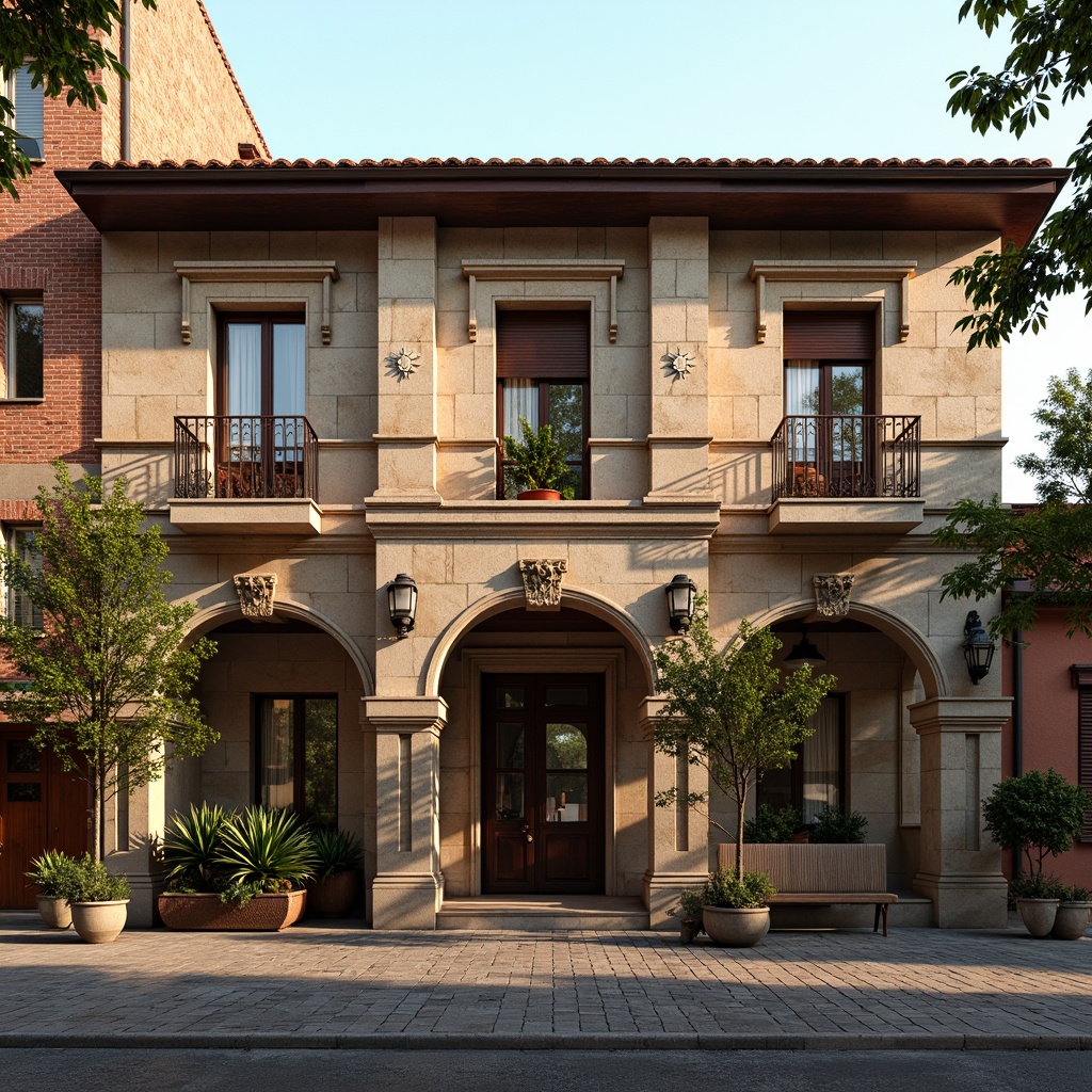 Prompt: Renaissance-inspired hostel facade, ornate stone carvings, rustic brick walls, wooden shutters, medieval-style windows, grand entrance archways, intricate ironwork balconies, terracotta roofing tiles, soft warm lighting, shallow depth of field, 1/1 composition, symmetrical architecture, classic ornamental details, vintage distressed textures, ambient occlusion, afternoon sunbeams, romantic European streetscape.