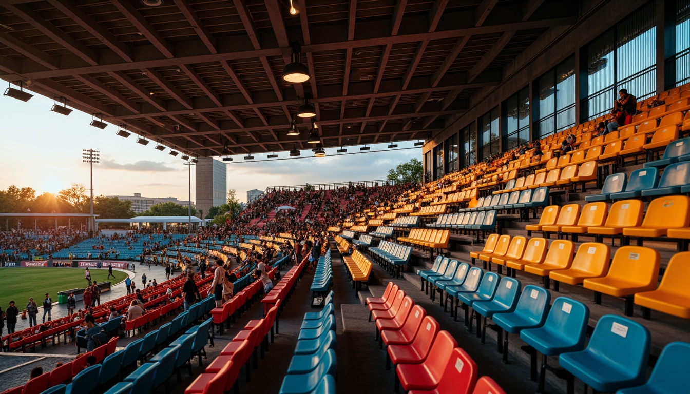 Prompt: \Stadium grandstand, tiered seating, vibrant colored chairs, ergonomic design, sleek metal frames, inclined planes, dramatic lighting effects, evening atmosphere, warm golden illumination, shallow depth of field, 1/1 composition, realistic textures, ambient occlusion, dynamic crowd simulation, cheering audience, sports event ambiance.\