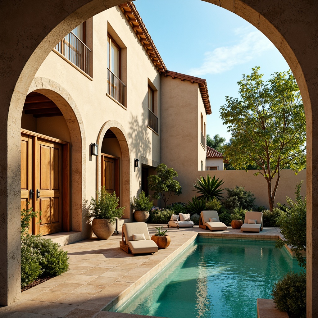 Prompt: Mediterranean villa, warm beige stucco, rustic stone walls, lush greenery, vibrant turquoise accents, soft golden lighting, shallow depth of field, 3/4 composition, panoramic view, realistic textures, ambient occlusion, ornate wooden doors, wrought iron railings, curved archways, elegant fountains, serene courtyard, tranquil atmosphere, warm sunny day.