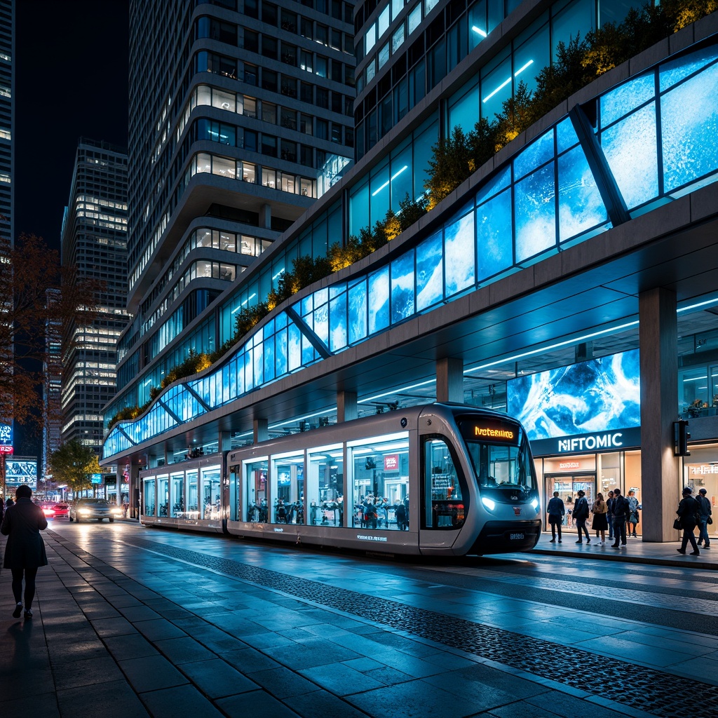 Prompt: Modern tram station, futuristic facade, dynamic LED lights, curved glass surfaces, sleek metal frames, cantilevered roofs, urban cityscape, bustling streets, rush hour atmosphere, vibrant neon signs, abstract geometric patterns, metallic mesh textures, glowing blue accents, atmospheric misting systems, shallow depth of field, 1/1 composition, realistic reflections, ambient occlusion.