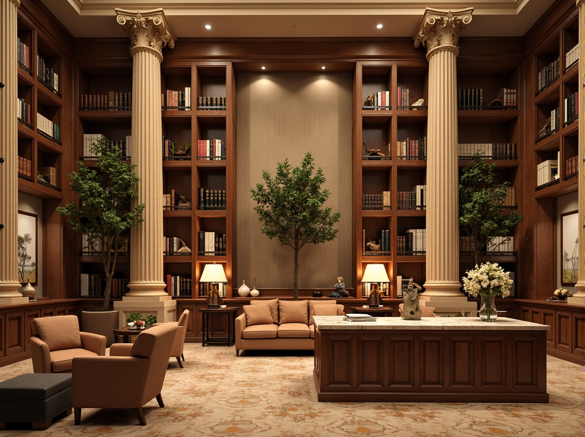 Prompt: Elegant library interior, rich wood tones, ornate details, golden accents, cream-colored walls, soft warm lighting, plush carpeting, comfortable seating areas, tall shelves, leather-bound books, marble countertops, intricate moldings, subtle texture overlays, neutral background colors, sophisticated color harmony, muted earthy tones, beige stone columns, polished metal fixtures, classic architectural elements, symmetrical composition, warm atmospheric glow, 1/2 composition, realistic material reflections.