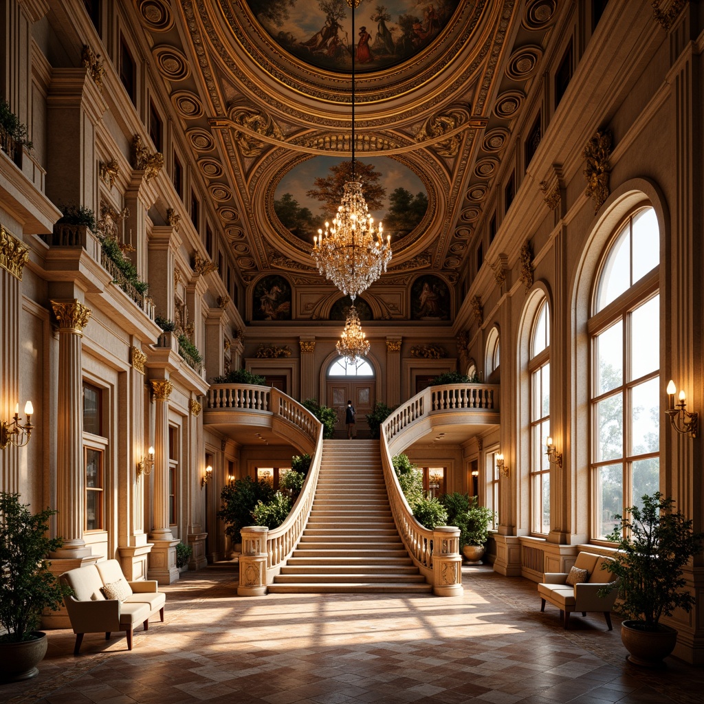 Prompt: Grandiose Baroque palace, symmetrical facade, ornate details, golden accents, intricate carvings, grand staircase, opulent chandeliers, lavish furnishings, velvet drapes, marble floors, high ceilings, dramatic lighting, warm color palette, classical columns, arches, domes, sweeping curves, grand proportions, axial symmetry, central axis, bilateral symmetry, radial balance, ornate decorations, gilded frames, frescoed ceilings, rich textures, majestic atmosphere, warm sunlight, soft shadows, 1/1 composition, realistic renderings.