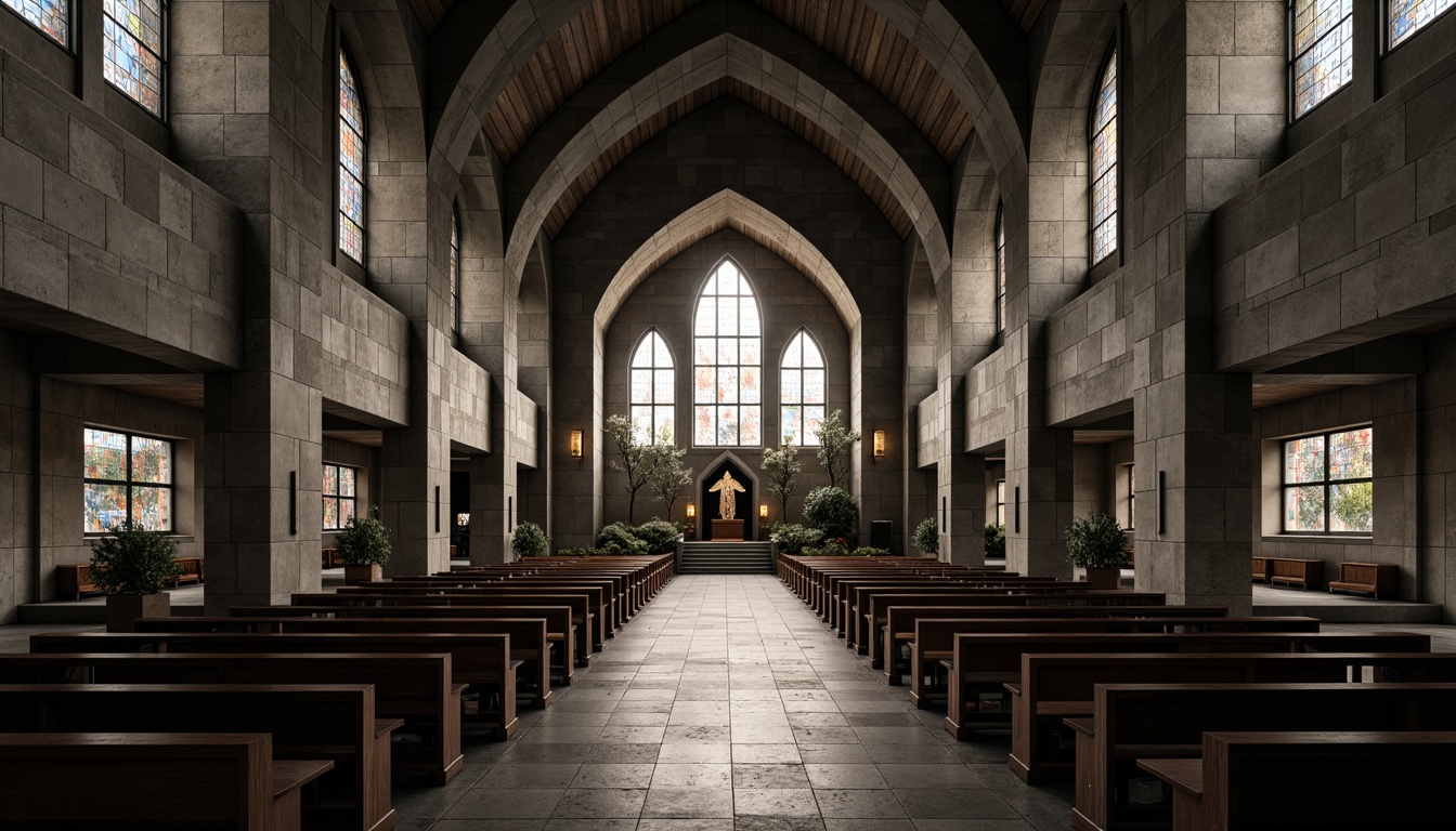 Prompt: Rugged brutalist church, exposed concrete walls, fortress-like structure, robust columns, angular lines, monumental entrance, heavy stone fa\u00e7ade, stained glass windows, dramatic lighting effects, grandiose vaulted ceiling, ornate wooden pews, somber color palette, mysterious ambiance, low-key natural lighting, 1/1 composition, symmetrical framing, high contrast ratio, rich textures, ambient occlusion.