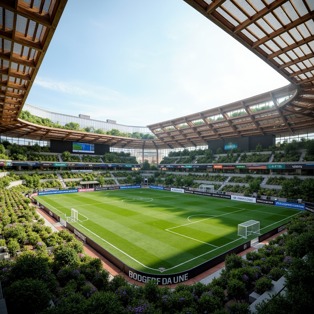 Prompt: Eco-friendly soccer stadium, lush green roofs, recycled rainwater harvesting systems, solar-powered floodlights, wind turbines, natural ventilation systems, FSC-certified wooden seating, low-carbon concrete structures, translucent polycarbonate facades, cantilevered upper tiers, modern angular architecture, vibrant team color accents, dynamic LED scoreboards, sunny day, soft warm lighting, shallow depth of field, 3/4 composition, panoramic view, realistic textures, ambient occlusion.