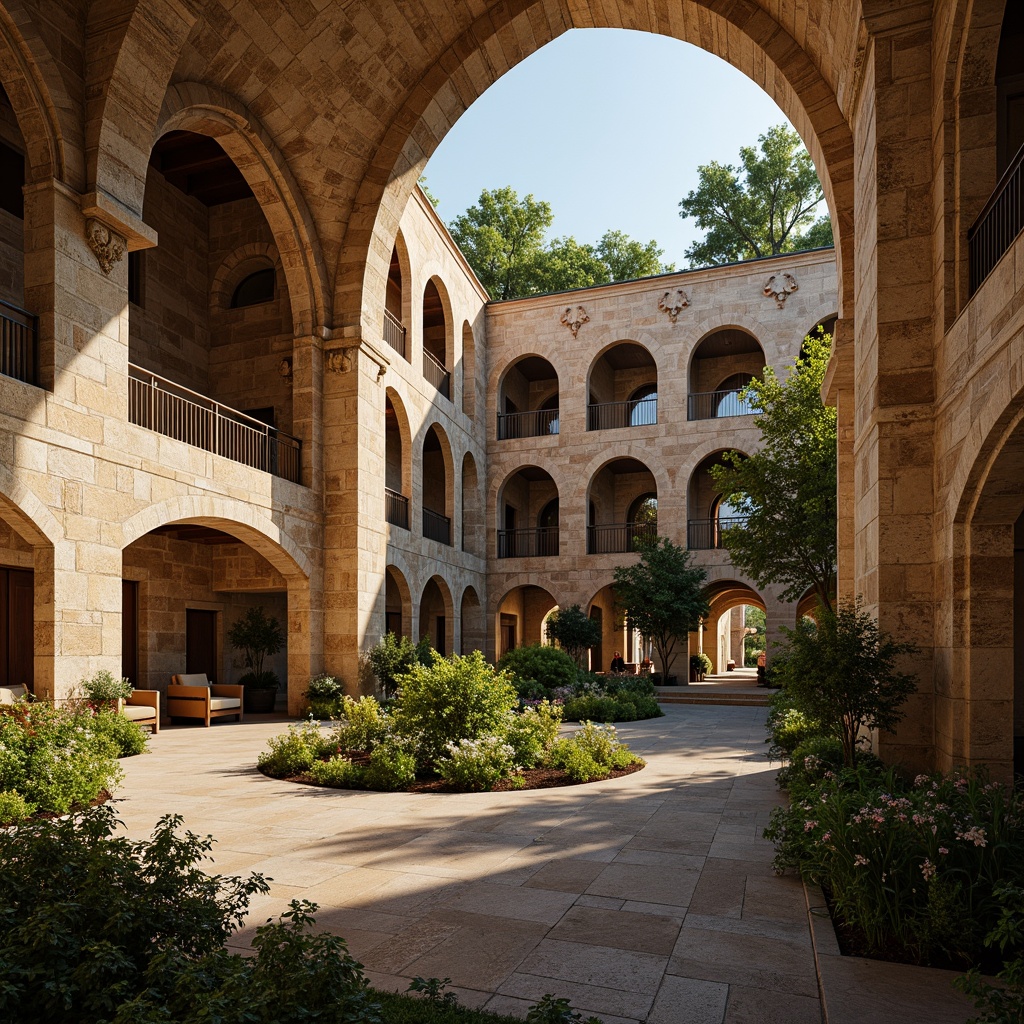 Prompt: Rustic auditorium, Romanesque architecture, natural stone walls, vaulted ceilings, grand archways, ornate carvings, lush greenery, overflowing flower boxes, meandering walkways, tranquil water features, serene courtyard, warm golden lighting, soft shadows, 3/4 composition, panoramic view, realistic textures, ambient occlusion.