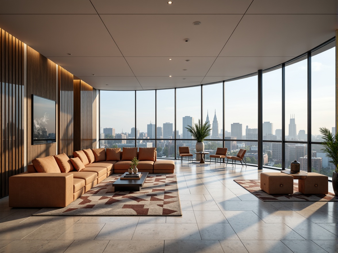 Prompt: Modern living room, sleek minimalist furniture, polished marble floors, floor-to-ceiling windows, urban cityscape views, soft warm lighting, shallow depth of field, 3/4 composition, panoramic view, realistic textures, ambient occlusion, geometric patterned rugs, metallic accent walls, hidden LED lighting, spacious open-plan layout, curved lines, eco-friendly materials, innovative storage solutions, statement art pieces, vibrant colorful accents, plush velvet sofas, minimalist coffee tables, industrial-chic decor.