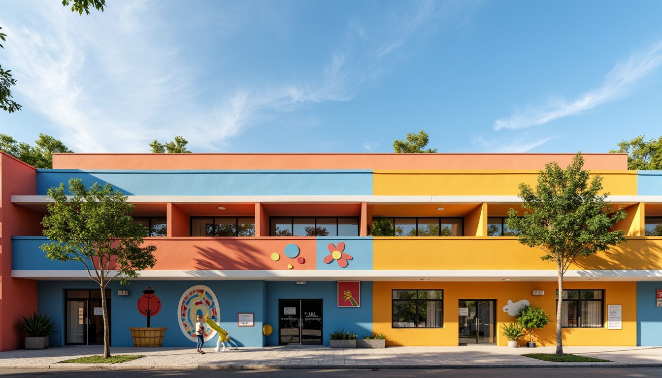 Prompt: Vibrant elementary school facade, geometric shapes, bold primary colors, rectangular windows, horizontal lines, flat roofs, industrial materials, functional simplicity, playful murals, educational signage, urban cityscape, sunny afternoon, soft natural lighting, shallow depth of field, 3/4 composition, symmetrical architecture, minimalist ornamentation, distressed concrete textures, ambient occlusion.