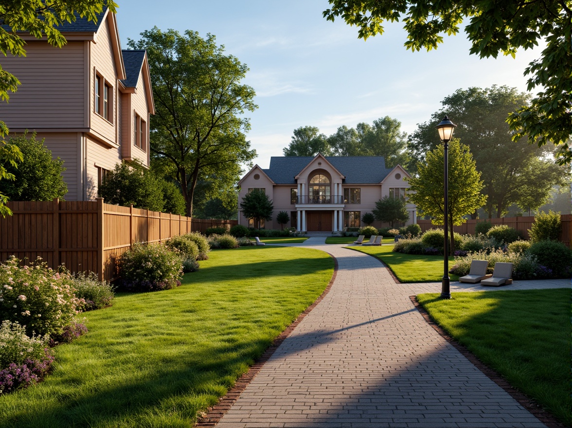 Prompt: Manicured lawns, ornate gardens, vintage street lamps, rustic wooden fences, traditional suburban homes, symmetrical facades, brick walkways, limestone columns, ornamental gates, blooming flowers, lush greenery, sunny afternoon, warm soft lighting, shallow depth of field, 3/4 composition, serene atmosphere, realistic textures, ambient occlusion.