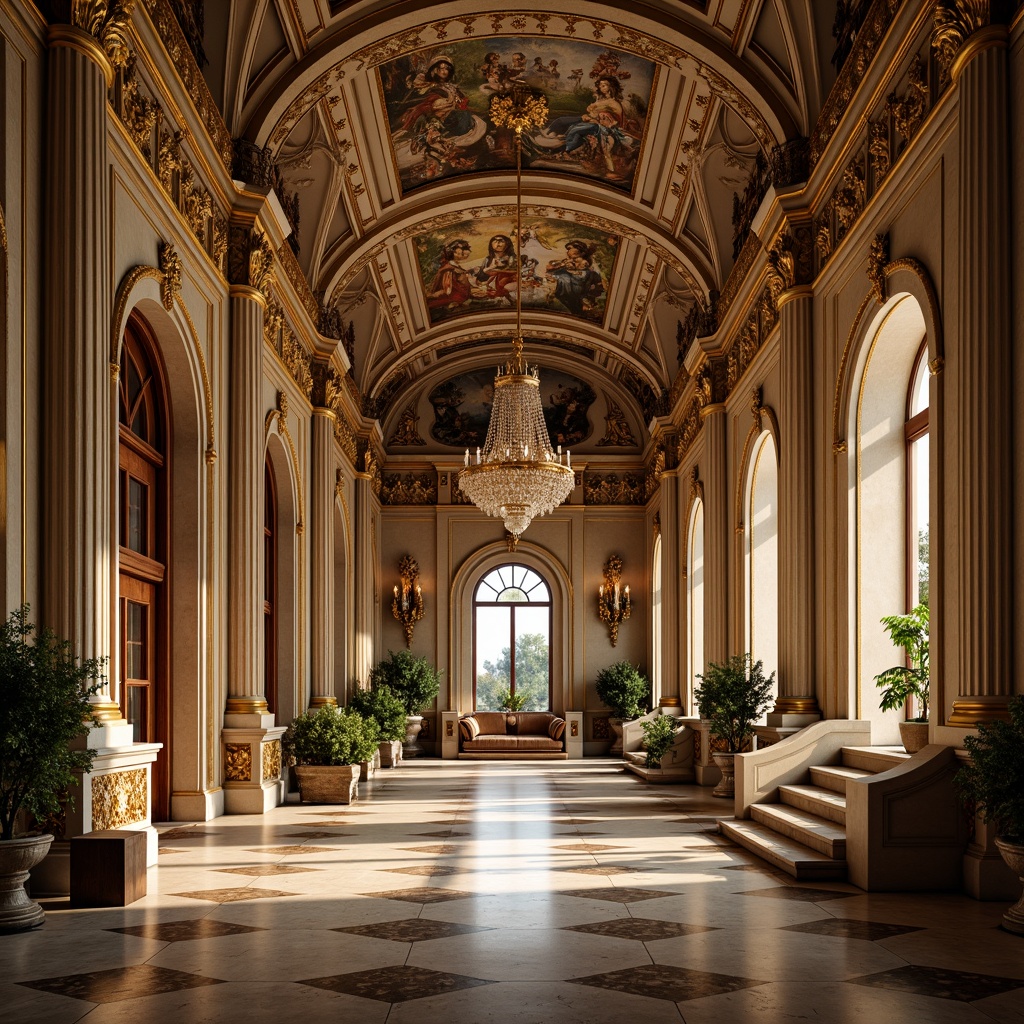 Prompt: Grandiose palace, ornate facades, gilded ornaments, sweeping arches, dramatic columns, intricate carvings, lavish frescoes, opulent chandeliers, marble floors, velvet drapes, majestic staircases, golden accents, regal atmosphere, warm soft lighting, shallow depth of field, 1/2 composition, cinematic view, realistic textures, ambient occlusion.