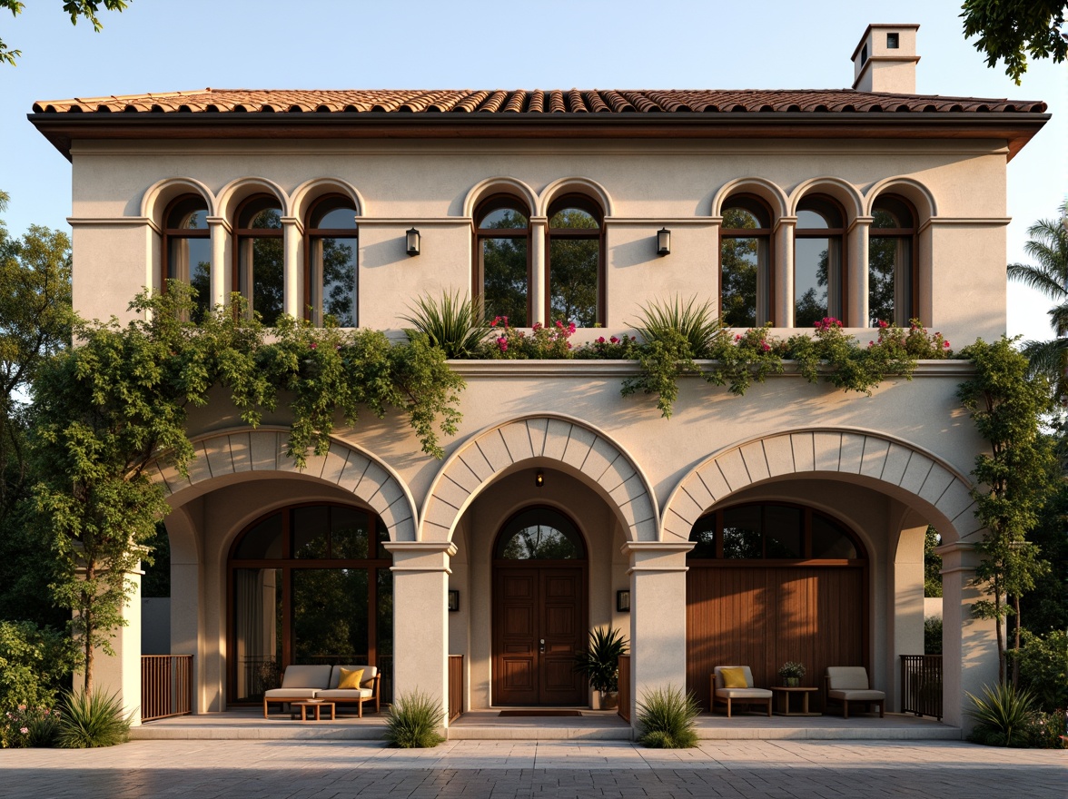 Prompt: Rustic office building, Romanesque facade, arched windows, ornate stone carvings, robust columns, vaulted ceilings, earthy tones, beige stonework, terracotta roofing, lush greenery, climbing vines, vibrant flowers, ornamental ironwork, grand entranceways, heavy wooden doors, warm soft lighting, shallow depth of field, 1/1 composition, realistic textures, ambient occlusion.