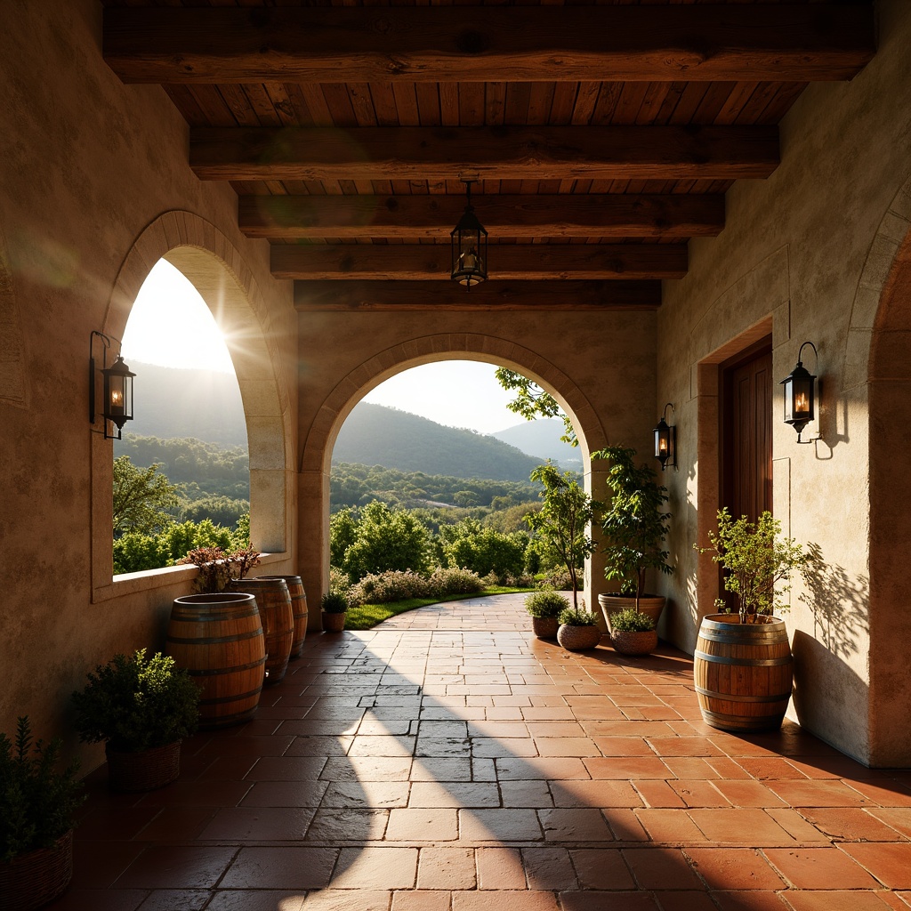 Prompt: Rustic winery, earthy tones, weathered wood accents, rich terracotta, soft sienna, muted olive green, deep plum, warm golden lighting, vintage metal lanterns, natural stone walls, curved archways, wooden barrel decorations, lush vineyards, rolling hills, sunny afternoon, soft focus, 1/1 composition, moody atmospheric lighting, realistic wood textures.