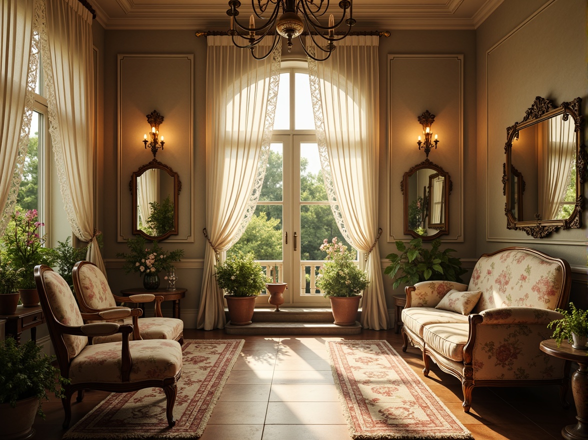 Prompt: Dreamy villa, soft warm sunlight, delicate lace curtains, vintage furniture, distressed wood accents, floral patterns, pastel color palette, ornate mirrors, grand chandeliers, sweeping staircases, intimate reading nooks, lush greenery, blooming flowers, misty morning atmosphere, warm golden lighting, shallow depth of field, 1/2 composition, panoramic view, realistic textures, ambient occlusion.