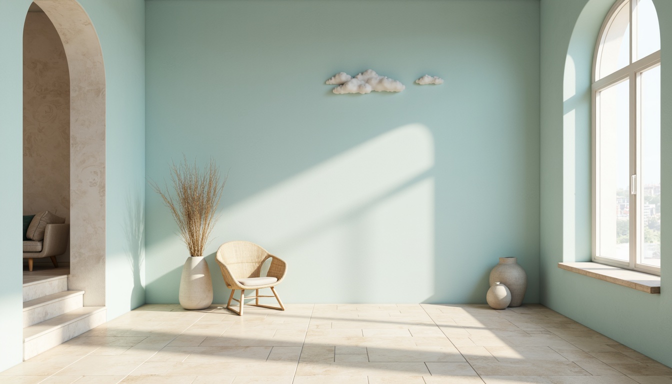 Prompt: Soft baby blue walls, creamy white trim, gentle rounded arches, delicate stucco texture, warm beige stone floors, subtle natural light, serene ambiance, calming atmosphere, minimalist decor, soft furnishings, pale wood accents, elegant simplicity, airy open spaces, subtle gradient effects, whimsical cloud-like shapes, gentle curves, soothing color harmony, shallow depth of field, 1/2 composition, relaxed warm lighting.