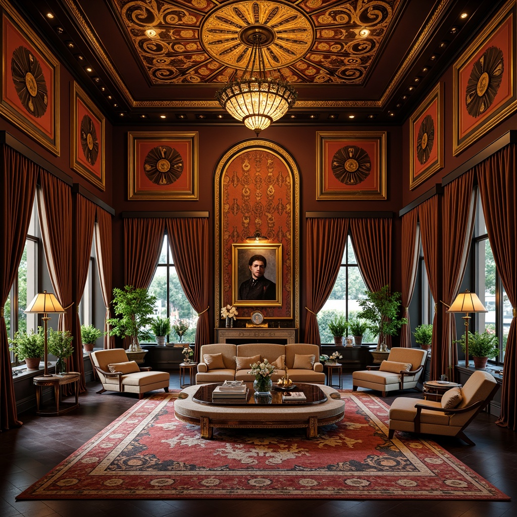 Prompt: Luxurious mansion, ornate metalwork, intricate geometric patterns, lavish furnishings, rich jewel-toned colors, opulent fabrics, glamorous chandeliers, sunburst motifs, zigzag lines, bold typography, metallic accents, glossy finishes, sophisticated ambiance, warm golden lighting, shallow depth of field, 1/1 composition, dramatic shadows, high-contrast textures.