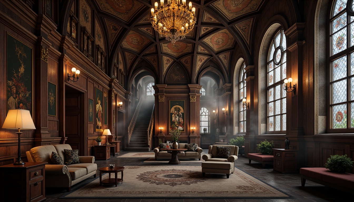 Prompt: Richly ornamented Gothic arches, grand chandeliers, lavish furnishings, intricately carved wooden paneling, mysterious crypt-like alcoves, ornate stained glass windows, dark stone flooring, mystical tapestries, elaborate frescoes, vaulted ceilings, dramatic verticality, warm candlelight, atmospheric misty lighting, 1/2 composition, symmetrical framing, cinematic angles, detailed textures, ambient occlusion.