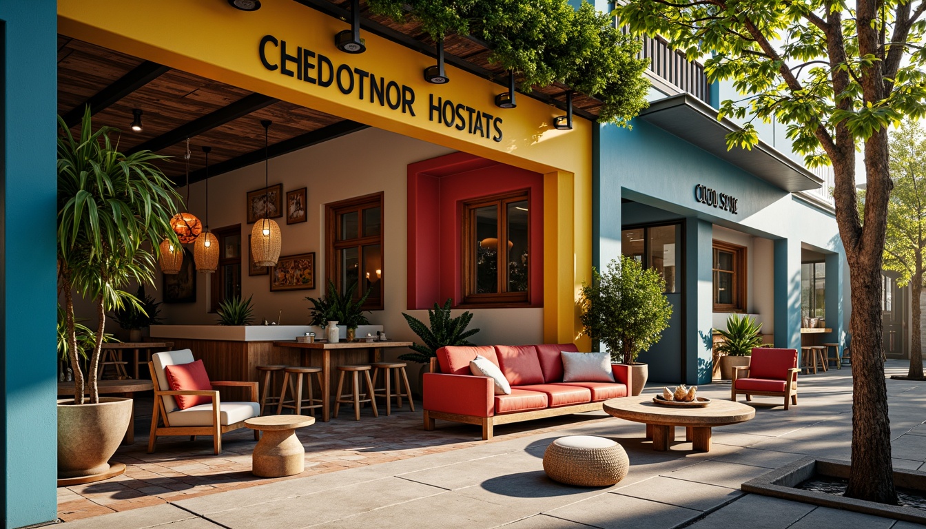 Prompt: Vibrant hostel facade, eclectic mix of bright colors, warm wooden accents, industrial metal frames, cozy communal lounge, plush sofas, rustic wooden tables, bohemian-inspired textiles, natural woven baskets, lush greenery, urban cityscape, afternoon sunlight, soft warm lighting, shallow depth of field, 3/4 composition, realistic textures, ambient occlusion.