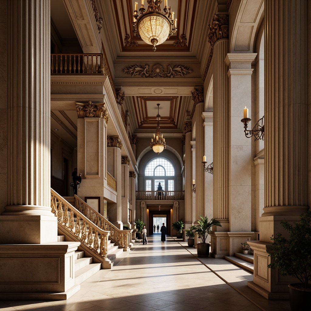 Prompt: Grand courthouse building, Corinthian columns, ornate stone carvings, sculpted figures, classical pediments, sweeping staircases, intricate moldings, polished marble floors, high ceilings, ornamental chandeliers, rich wood paneling, dignified atmosphere, soft warm lighting, subtle color palette, 1/2 composition, symmetrical arrangement, realistic textures, ambient occlusion.