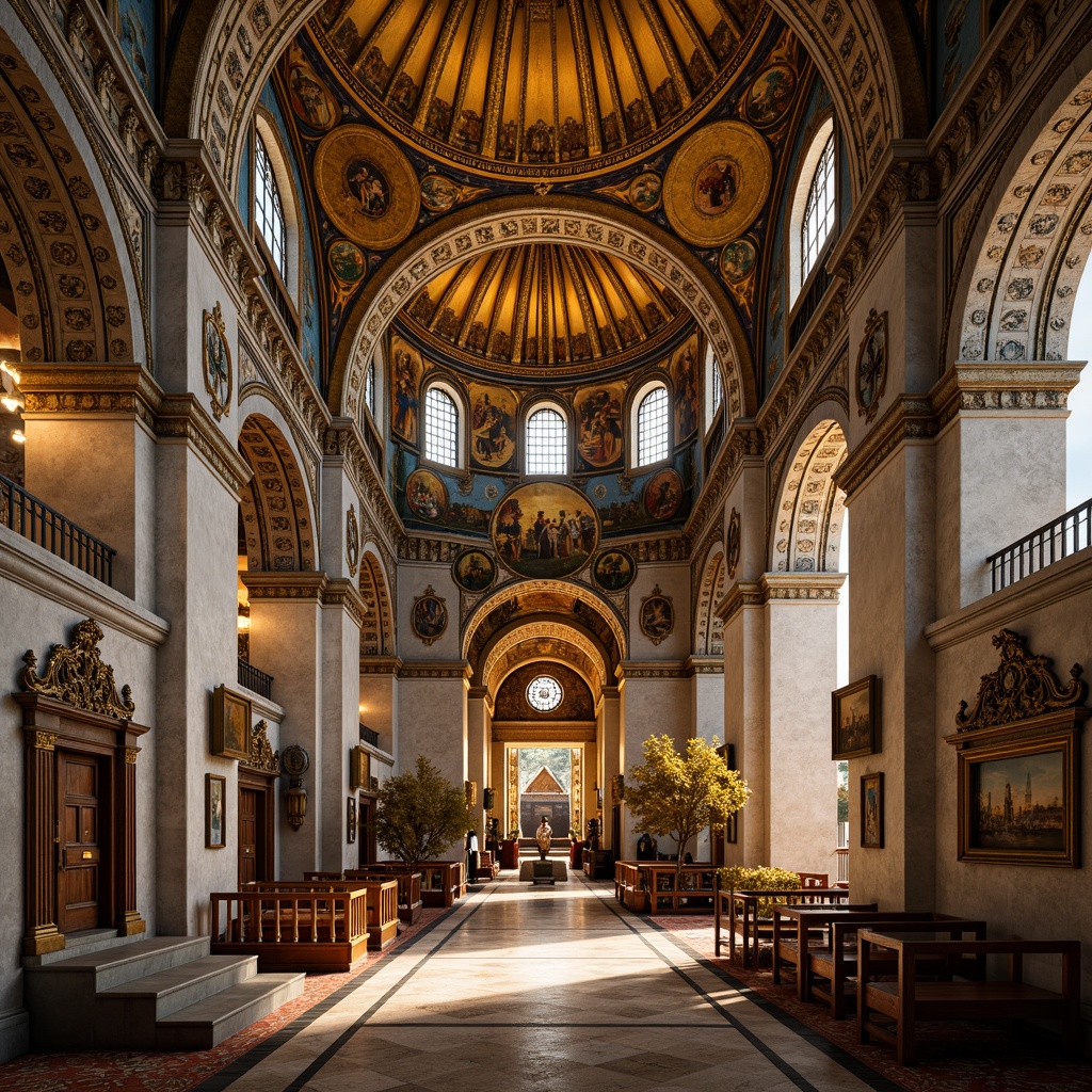 Prompt: \Intricately ornate Byzantine church, golden domes, vibrant mosaics, polished marble floors, ornamental arches, richly textured stone walls, rustic wooden doors, elaborate frescoes, grandiose vaulted ceilings, warm candle lighting, soft ambient glow, 1/1 composition, symmetrical framing, realistic textures, detailed ornamentation.\