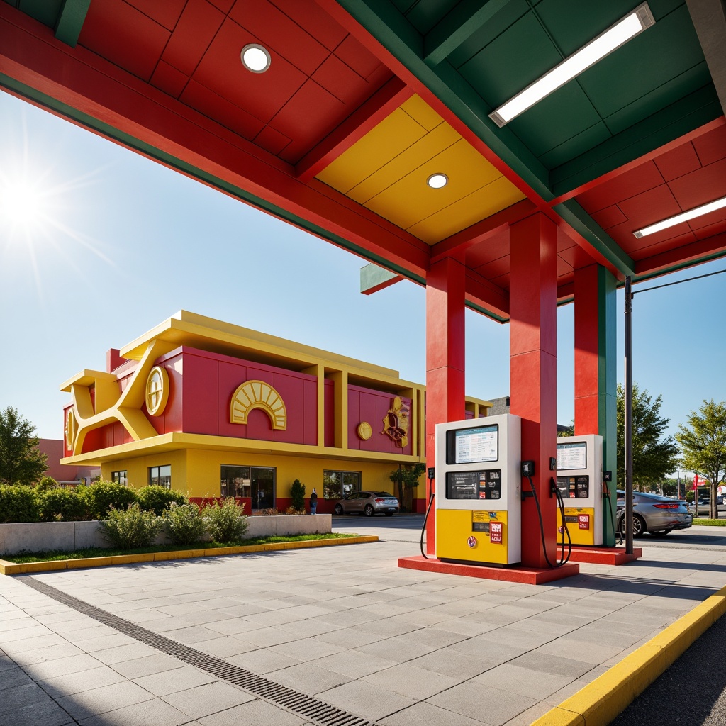 Prompt: Vibrant gas station, bold primary colors, geometric shapes, industrial materials, steel beams, concrete floors, minimalist design, functional architecture, harmonious color palette, contrasting hues, balanced compositions, circular motifs, rectangular forms, urban landscape, sunny day, soft warm lighting, shallow depth of field, 3/4 composition, panoramic view, realistic textures, ambient occlusion.