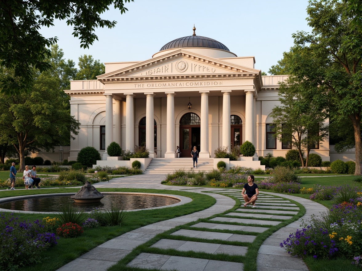 Prompt: Elegant library building, neoclassical architecture, grand entrance, Ionic columns, ornate details, lush greenery, manicured lawns, vibrant flower beds, meandering walkways, tranquil water features, serene outdoor reading areas, comfortable seating, natural stone pathways, symmetrical composition, warm soft lighting, shallow depth of field, 1/1 aspect ratio, realistic textures, ambient occlusion.