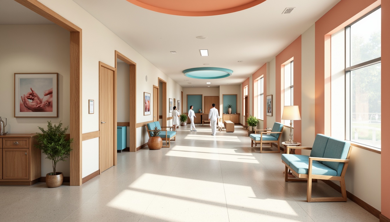 Prompt: Calming hospital corridors, soft peach tones, pastel blue accents, warm beige walls, natural wood furnishings, gentle gradient ceilings, large windows, abundant daylight, minimal ornamentation, clean lines, functional spaces, healing ambiance, soothing color palette, subtle texture contrasts, comfortable waiting areas, quiet private rooms, efficient nurse stations, modern medical equipment, sterile surfaces, bright LED lighting, 1/1 composition, shallow depth of field, realistic renderings.